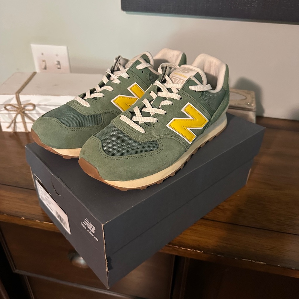 New Balance Green and Yellow 574 Sneakers
